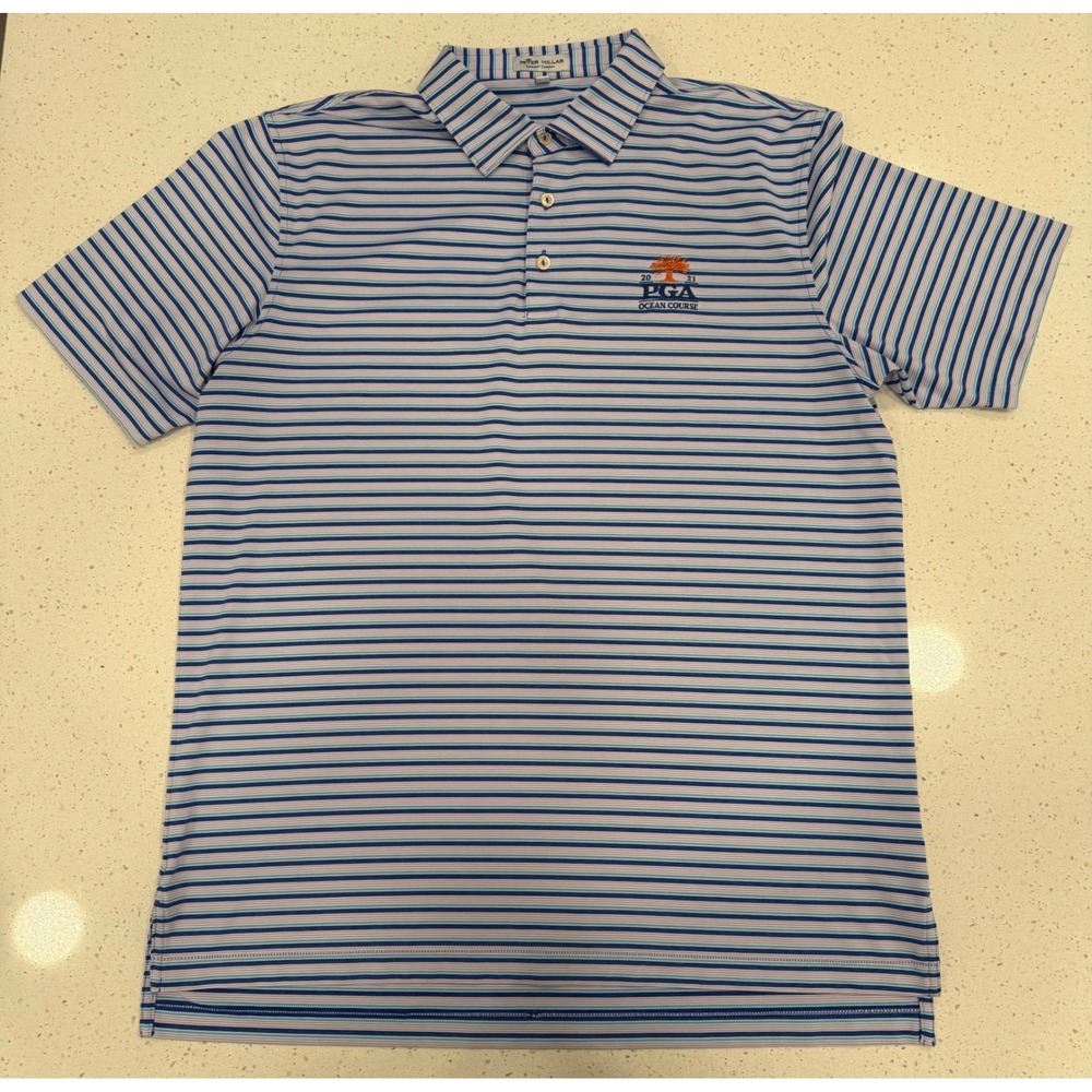 Peter Millar Polo Shirt Mens Large Blue Excellent 2021 PGA Ocean Course Striped
